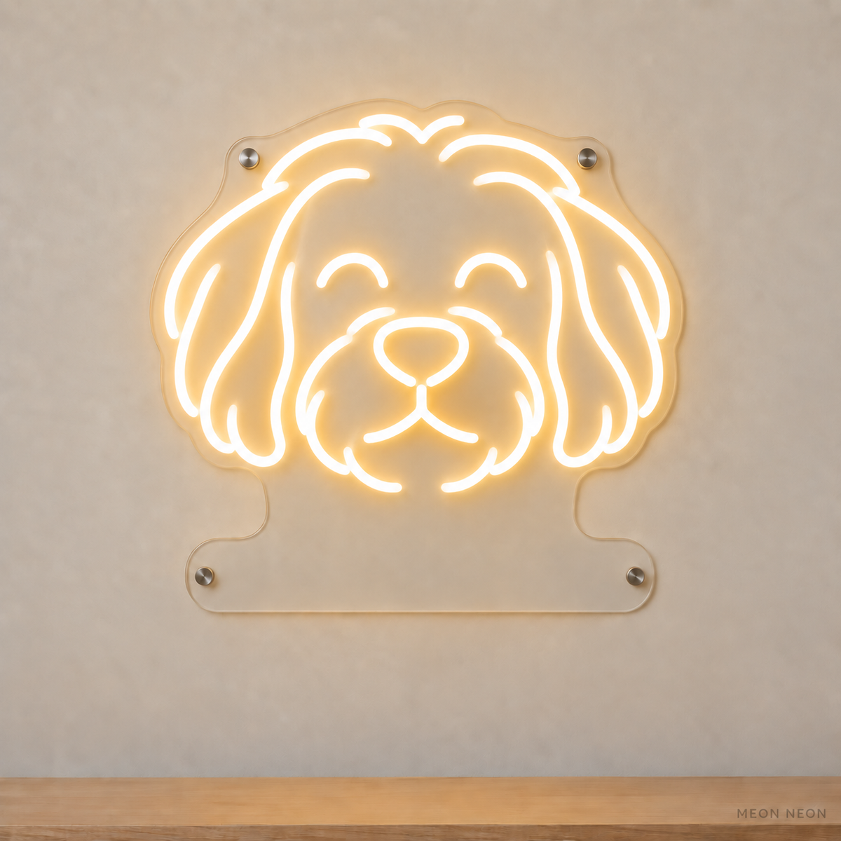 MEON NEON-watermarked concept mockup of a Warm White Havanese head LED neon sign with a blank acrylic area for a UV-printed breed caption or dog name.