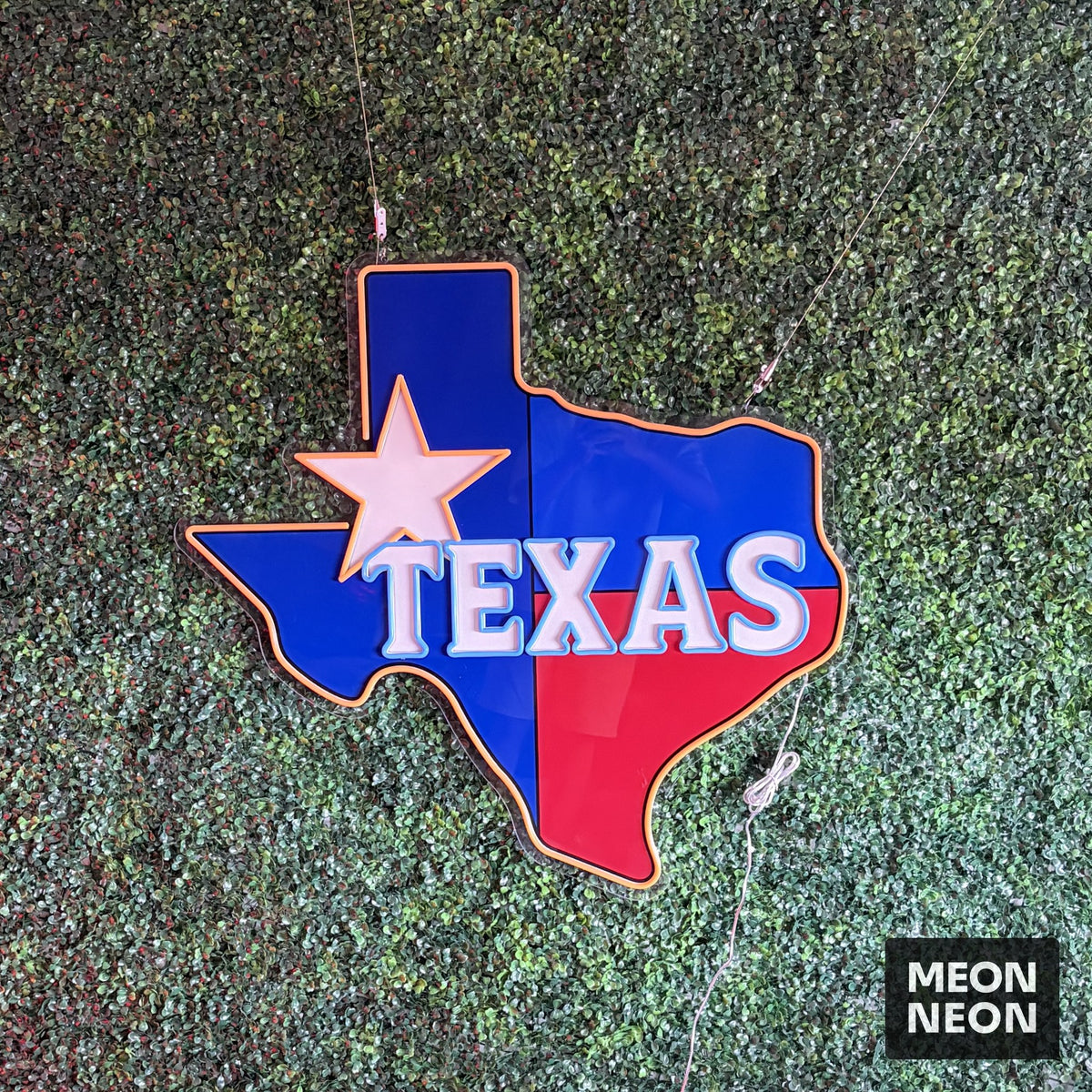 Illuminated Lone Star Texas Flag Neon Sign, real photo of a finished Meon Neon sign, lit
