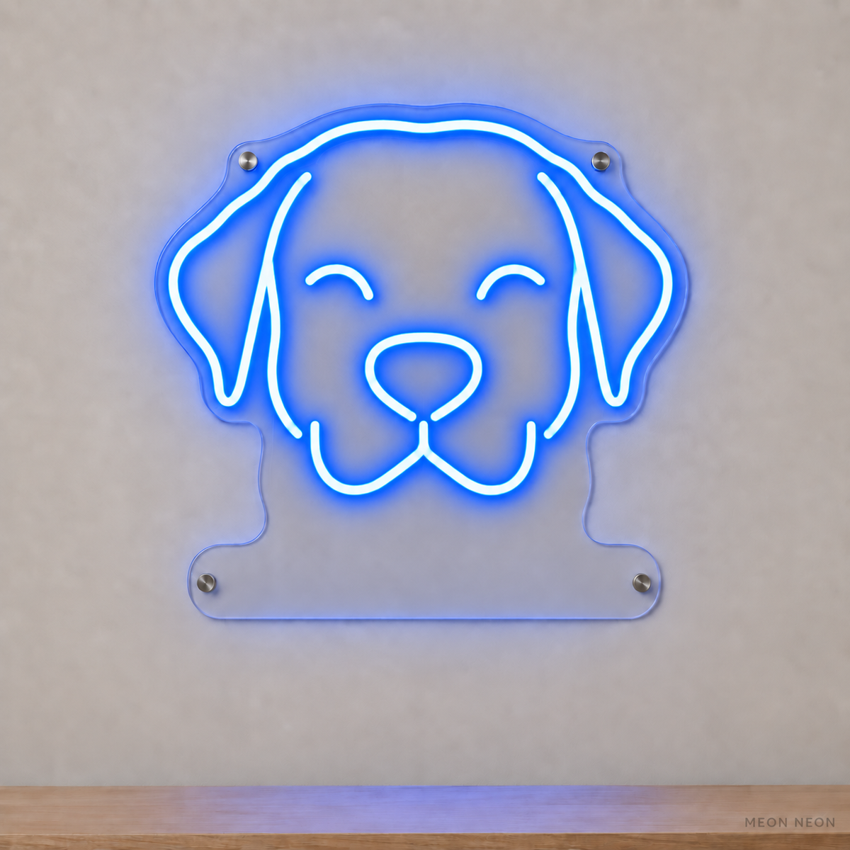 MEON NEON-watermarked concept mockup of a Blue Labrador Retriever head LED neon sign with a blank acrylic area for a UV-printed breed caption or dog name.