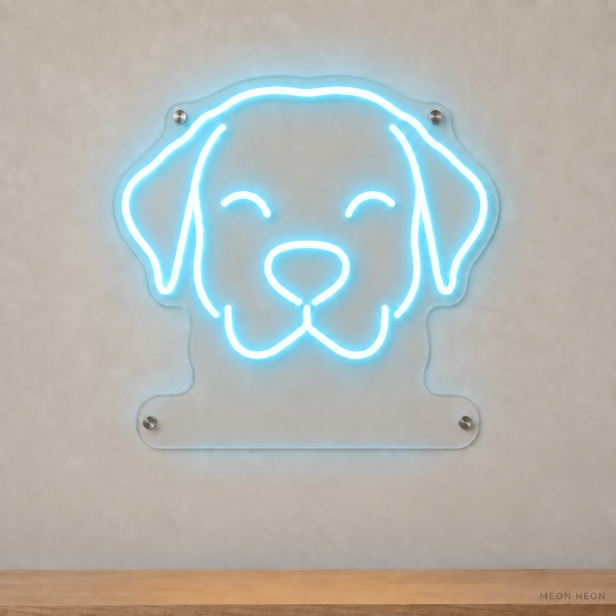 MEON NEON-watermarked concept mockup of a Ice Blue Labrador Retriever head LED neon sign with a blank acrylic area for a UV-printed breed caption or dog name.