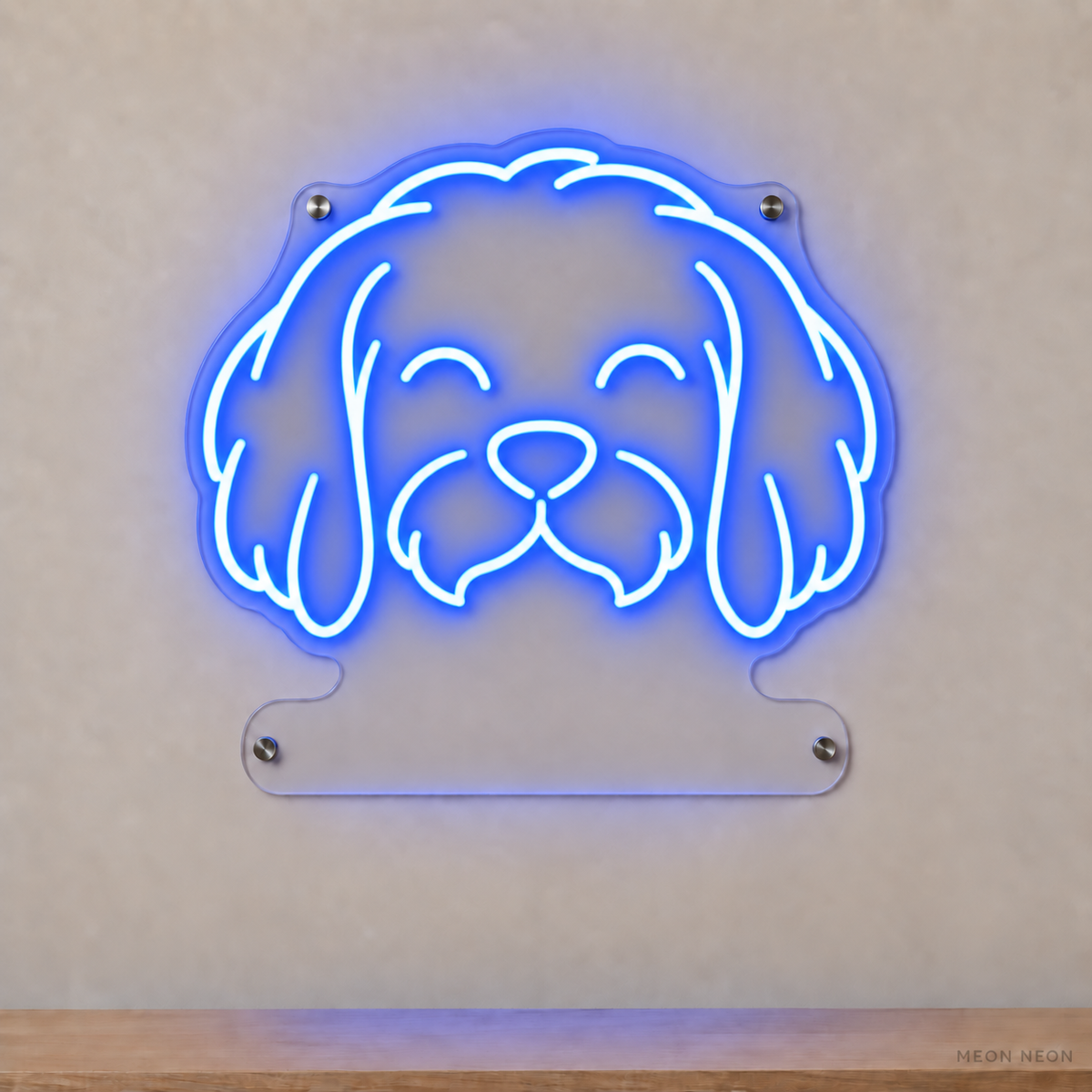 MEON NEON-watermarked concept mockup of a Blue Maltese head LED neon sign with a blank acrylic area for a UV-printed breed caption or dog name.