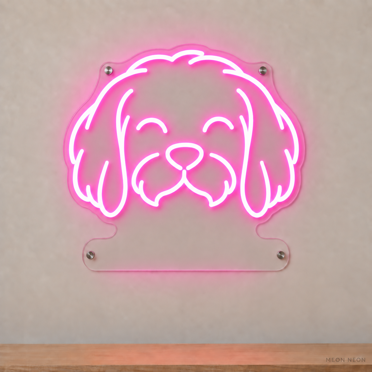 MEON NEON-watermarked concept mockup of a Pink Maltese head LED neon sign with a blank acrylic area for a UV-printed breed caption or dog name.