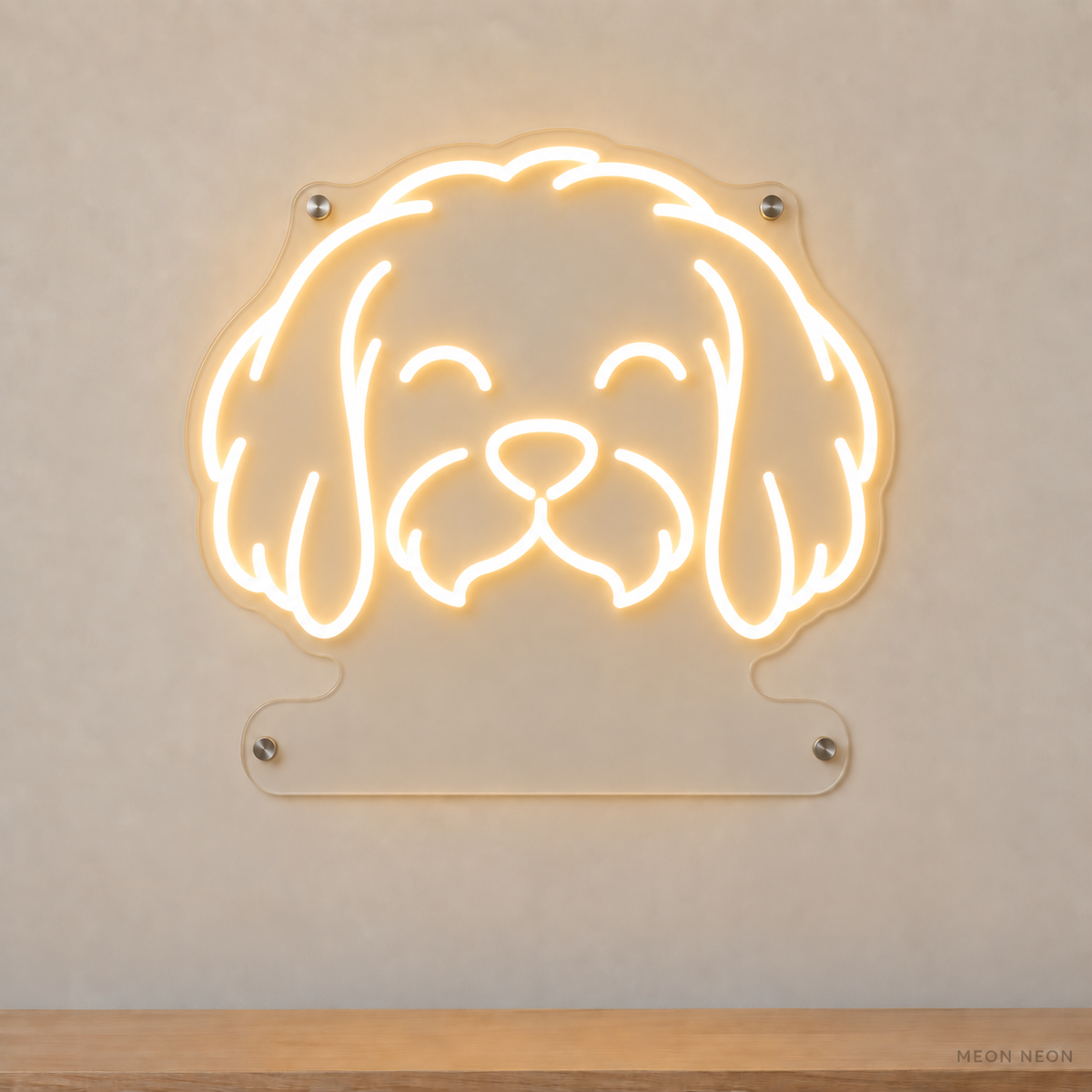 MEON NEON-watermarked concept mockup of a Warm White Maltese head LED neon sign with a blank acrylic area for a UV-printed breed caption or dog name.