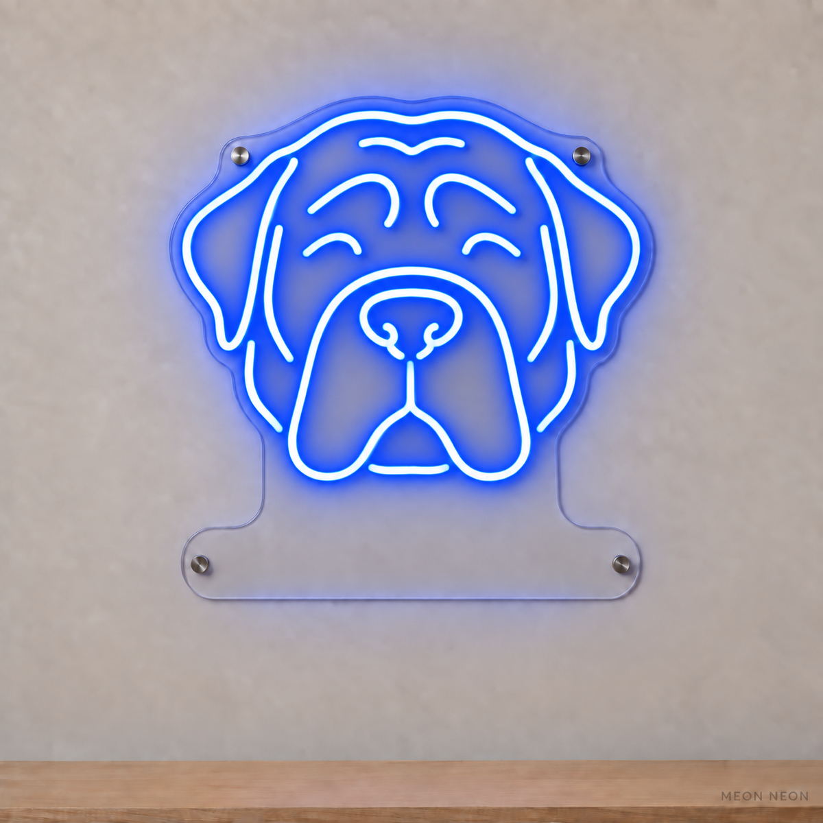 MEON NEON-watermarked concept mockup of a Blue Mastiff head LED neon sign with a blank acrylic area for a UV-printed breed caption or dog name.