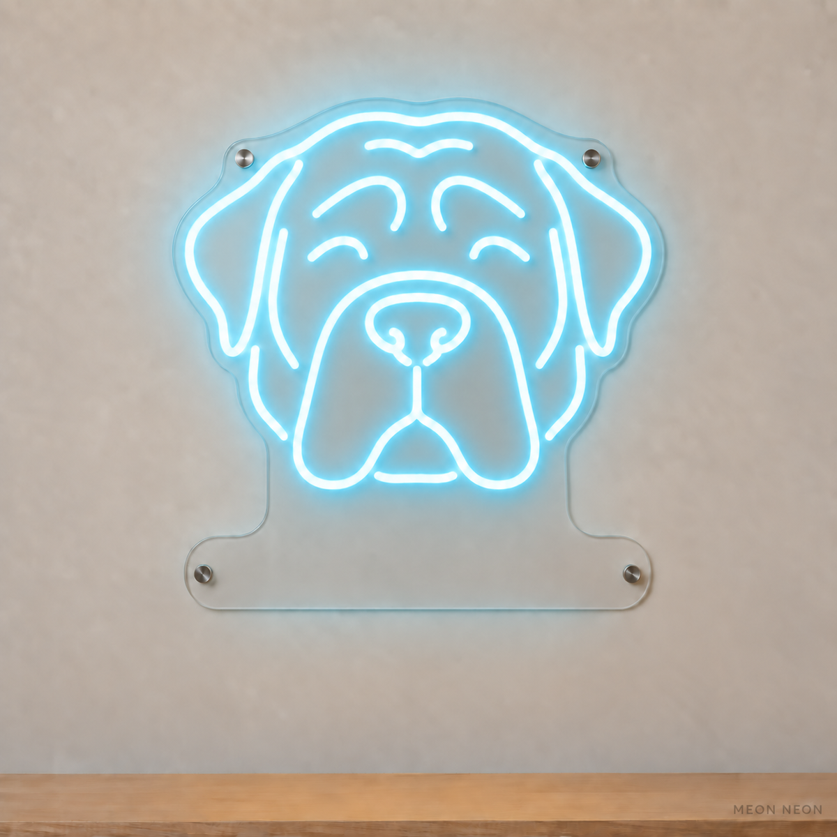 MEON NEON-watermarked concept mockup of a Ice Blue Mastiff head LED neon sign with a blank acrylic area for a UV-printed breed caption or dog name.