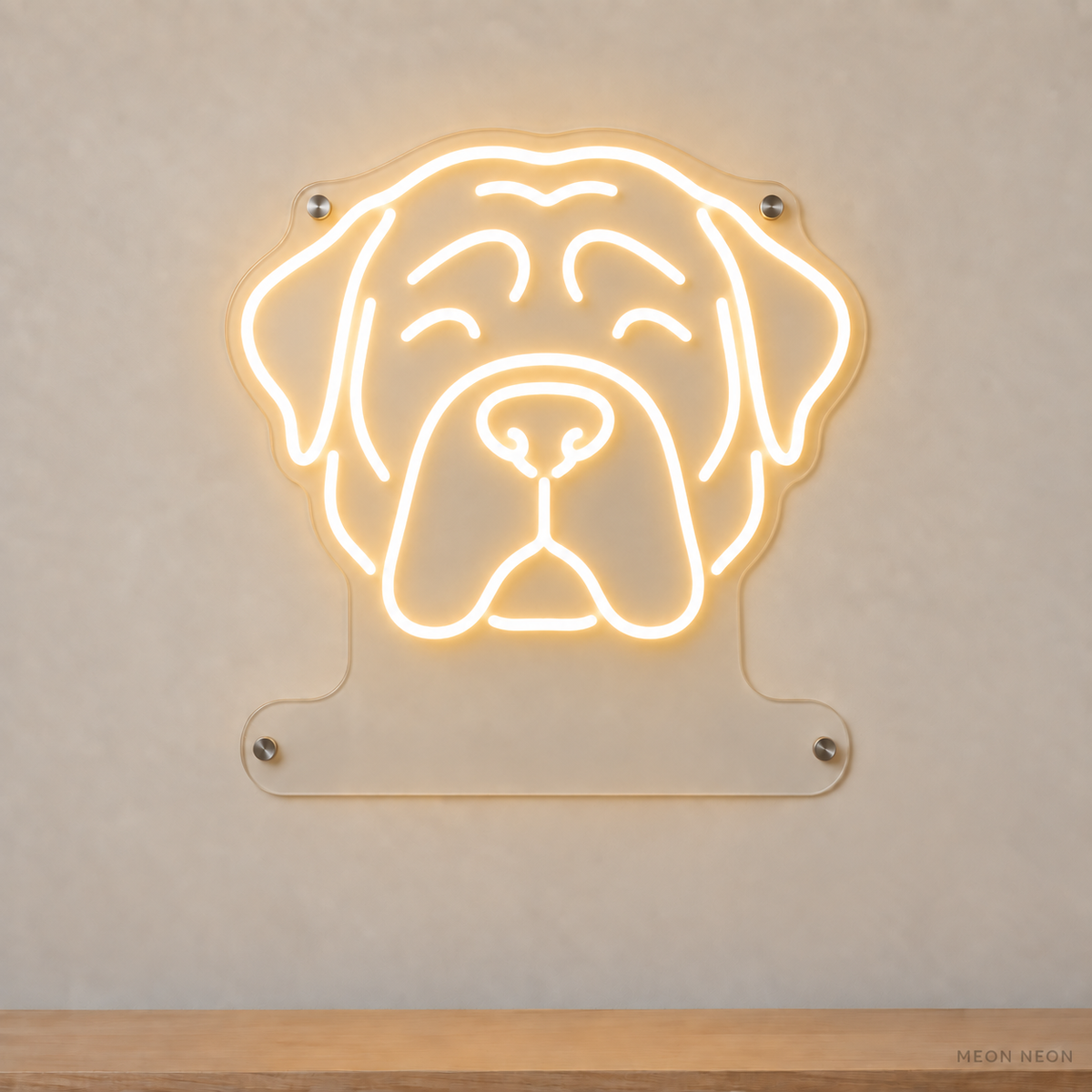 MEON NEON-watermarked concept mockup of a Warm White Mastiff head LED neon sign with a blank acrylic area for a UV-printed breed caption or dog name.