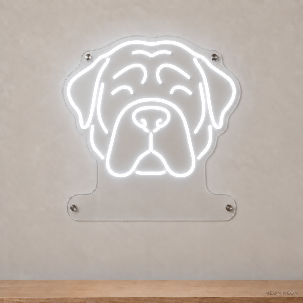 MEON NEON-watermarked concept mockup of a White Mastiff head LED neon sign with a blank acrylic area for a UV-printed breed caption or dog name.