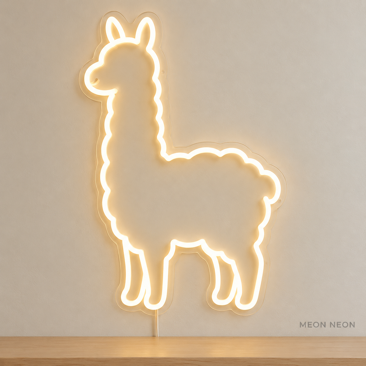 Watermarked concept mockup of Mini Alpaca LED Neon Sign in Warm White on a clear acrylic backboard.