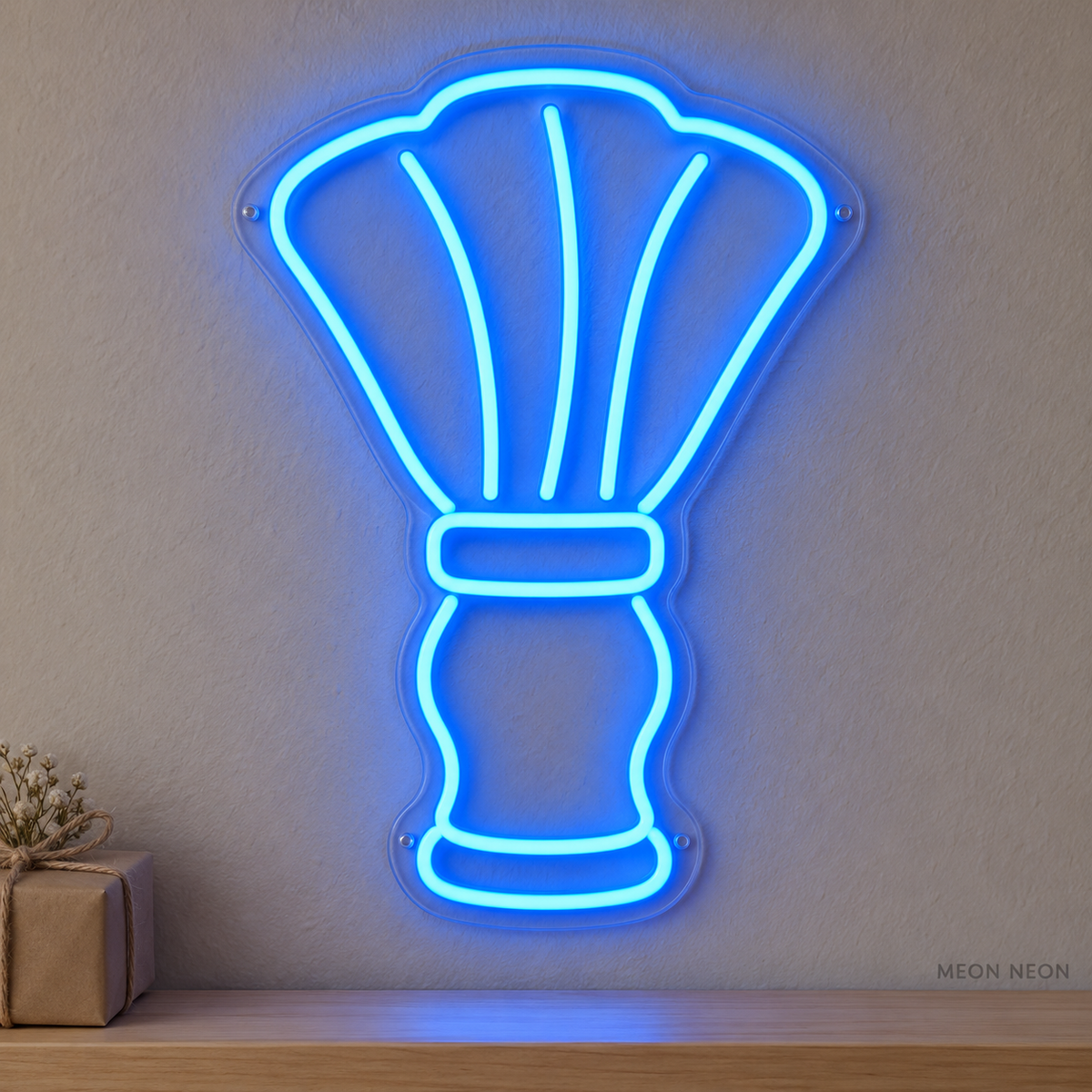 Watermarked concept mockup of the Mini Barber Brush LED Neon Sign in Blue on a clear acrylic backboard.