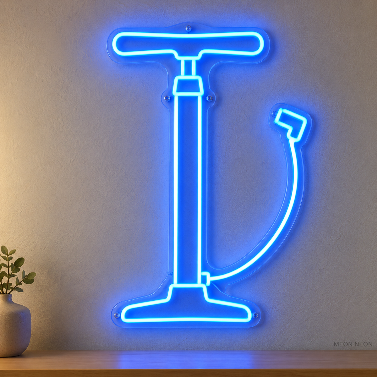Watermarked concept mockup of Mini Bike Pump LED Neon Sign in Blue on a clear acrylic backboard.