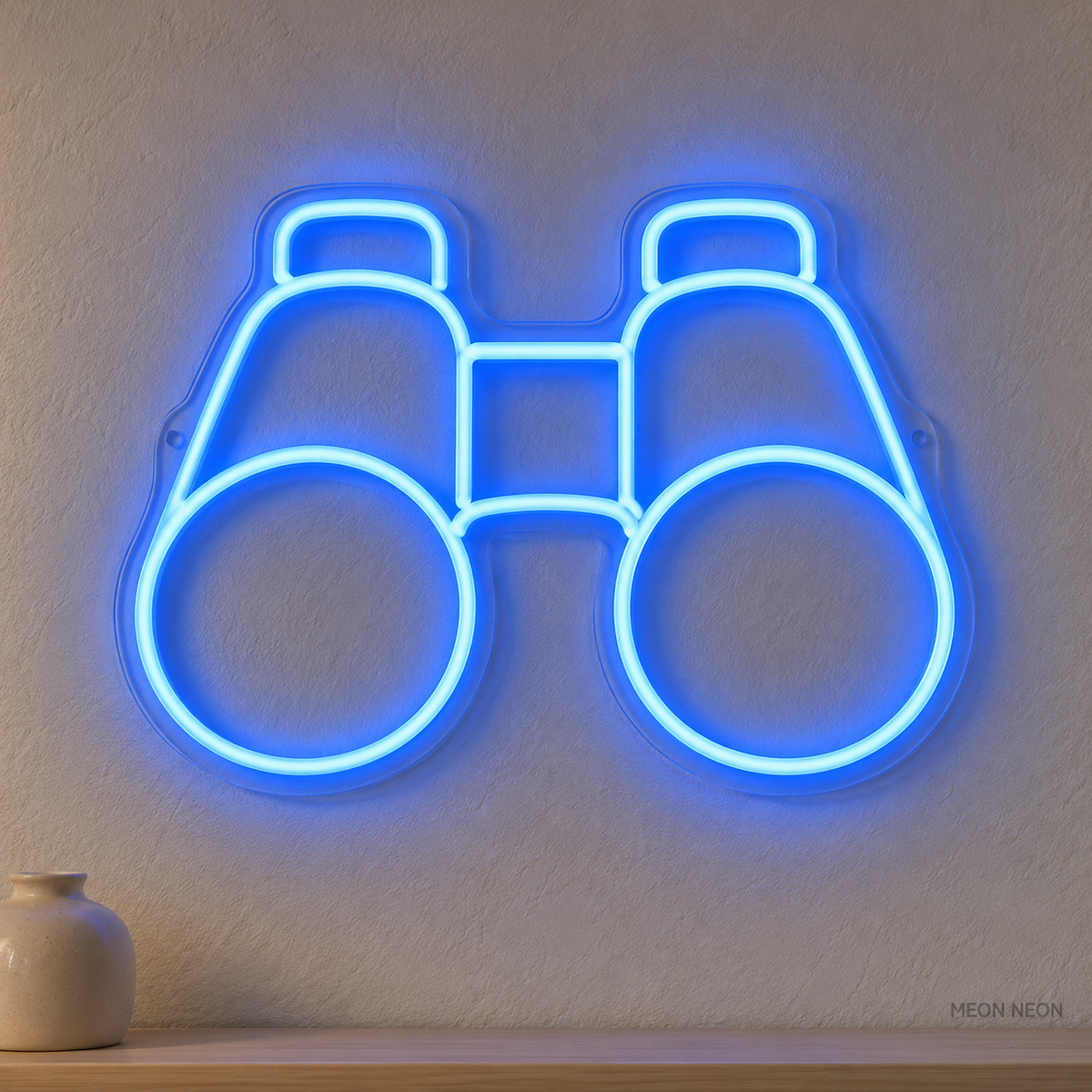 Watermarked concept mockup of Mini Binoculars LED Neon Sign in Blue on a clear acrylic backboard.
