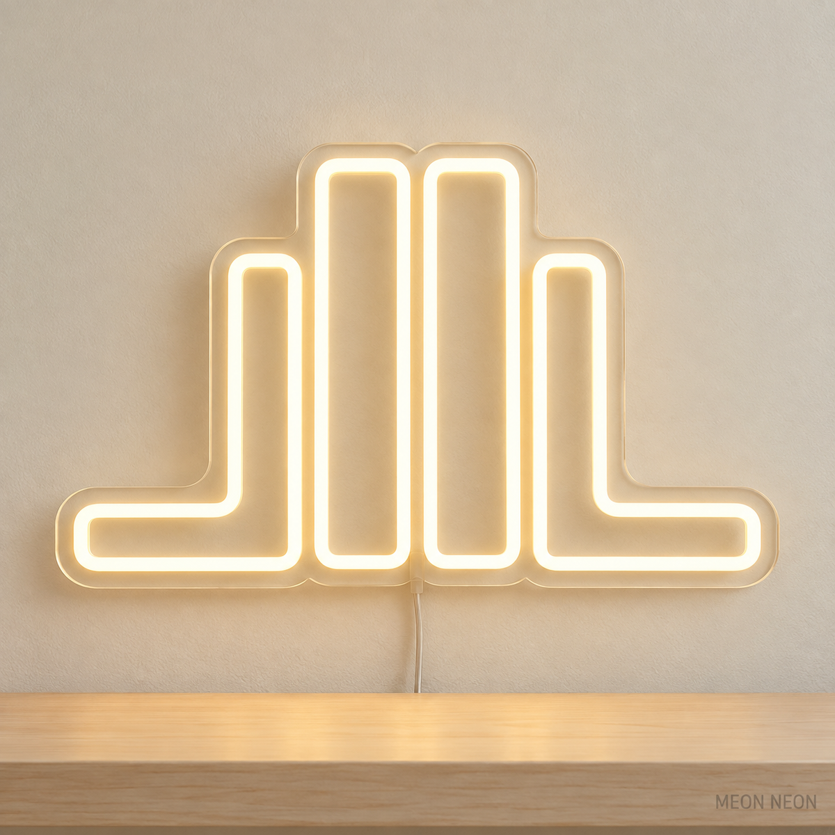 Watermarked concept mockup of Mini Bookends LED Neon Sign in Warm White on a clear acrylic backboard.
