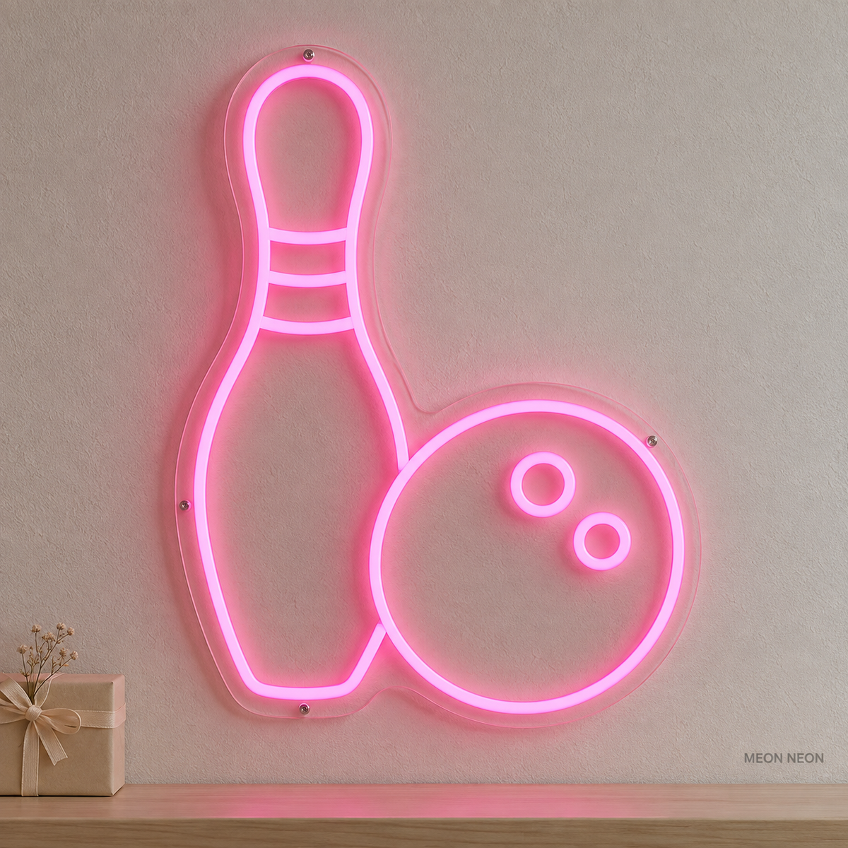 Watermarked concept mockup of the Mini Bowling Pin LED Neon Sign in Pink on a clear acrylic backboard.