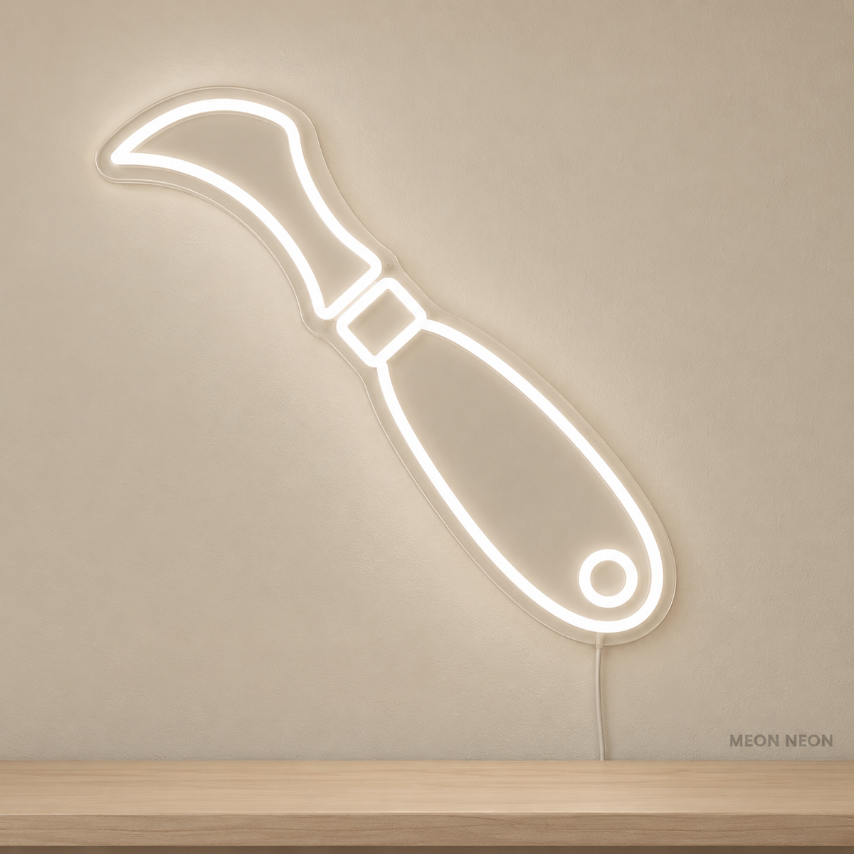 Watermarked concept mockup of Mini Bread Lame LED Neon Sign in White on a clear acrylic backboard.