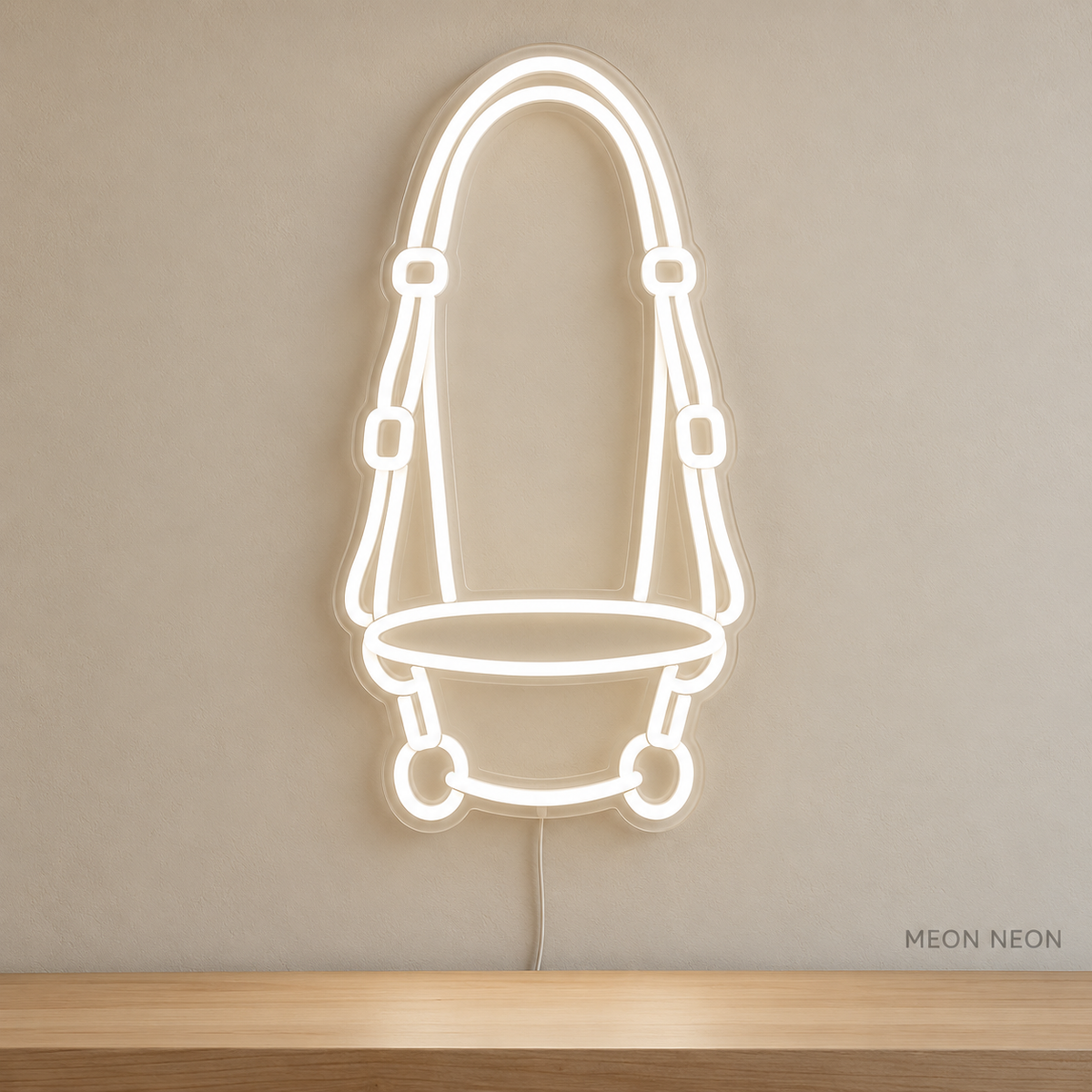 Watermarked concept mockup of Mini Bridle LED Neon Sign in White on a clear acrylic backboard.