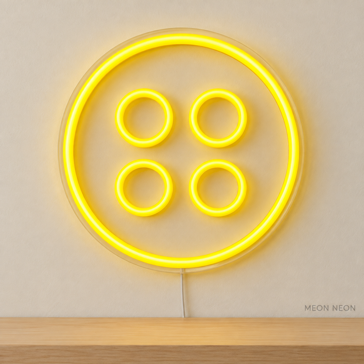 Watermarked concept mockup of Mini Button LED Neon Sign in Yellow on a clear acrylic backboard.