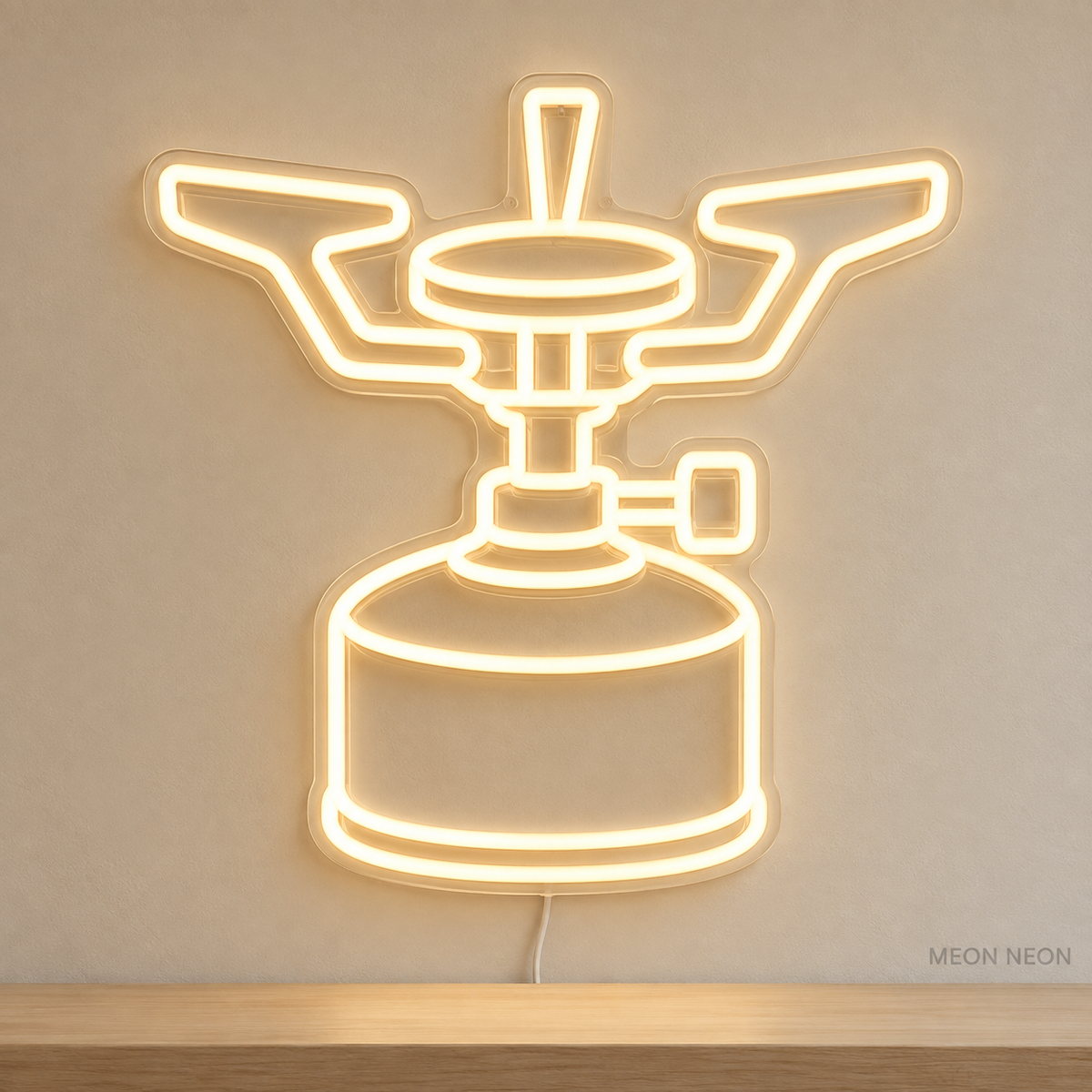Watermarked concept mockup of Mini Camp Stove LED Neon Sign in Warm White on a clear acrylic backboard.