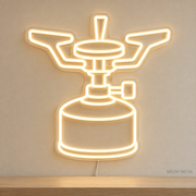 Watermarked concept mockup of Mini Camp Stove LED Neon Sign in Warm White on a clear acrylic backboard.