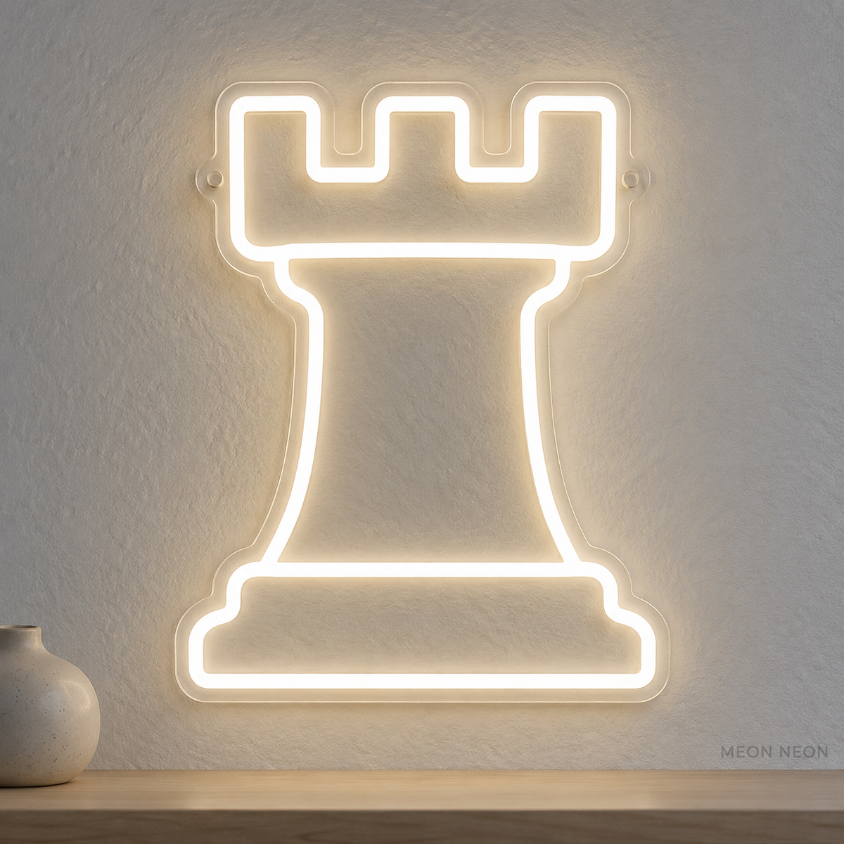 Watermarked concept mockup of Mini Chess Rook LED Neon Sign in White on a clear acrylic backboard.