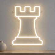 Watermarked concept mockup of Mini Chess Rook LED Neon Sign in White on a clear acrylic backboard.