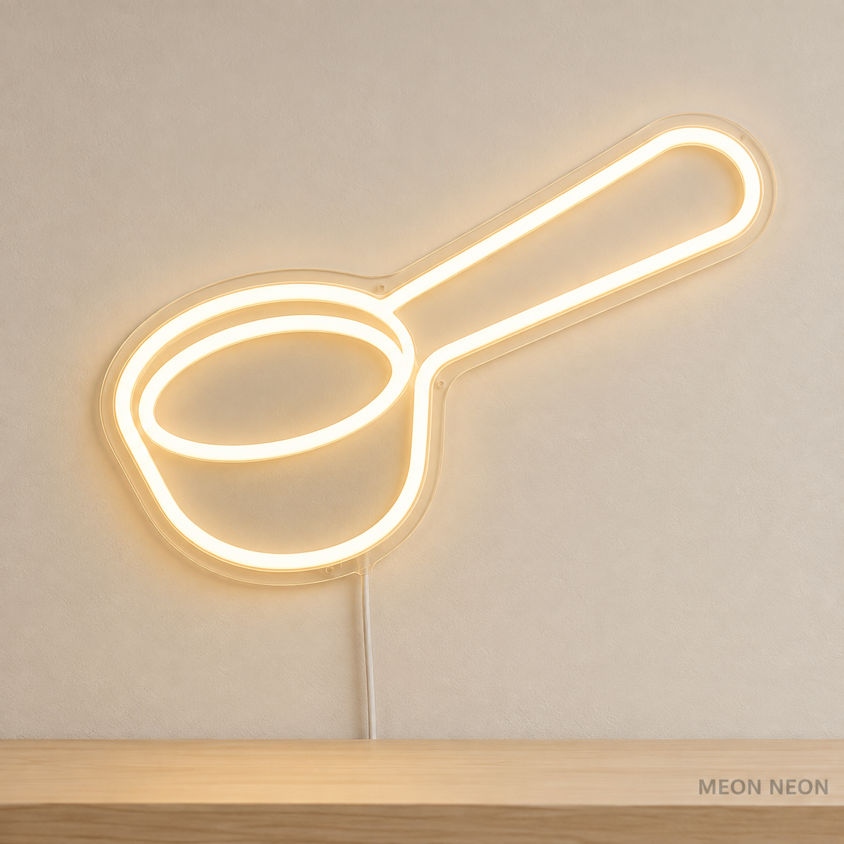 Watermarked concept mockup of Mini Coffee Scoop LED Neon Sign in Warm White on a clear acrylic backboard.