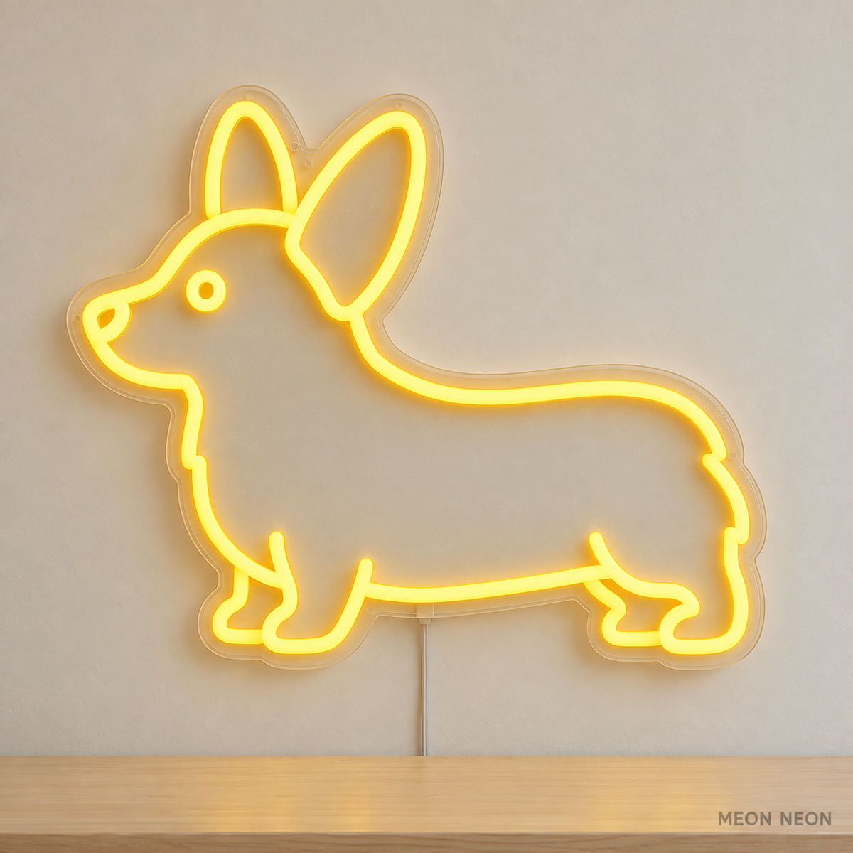 Watermarked concept mockup of Mini Corgi LED Neon Sign in Yellow on a clear acrylic backboard.