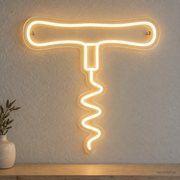 Watermarked concept mockup of Mini Corkscrew LED Neon Sign in Warm White on a clear acrylic backboard.