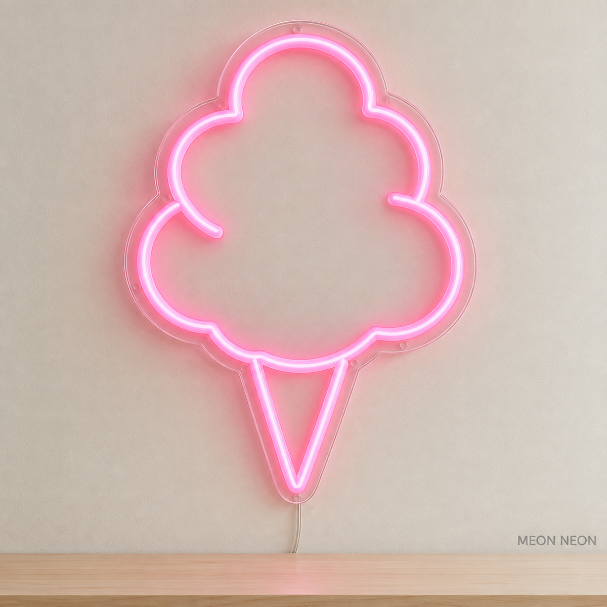 Watermarked concept mockup of Mini Cotton Candy LED Neon Sign in Pink on a clear acrylic backboard.