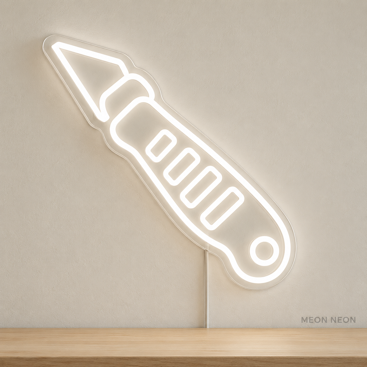 Watermarked concept mockup of Mini Craft Knife LED Neon Sign in White on a clear acrylic backboard.