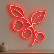 Watermarked concept mockup of Mini Cranberry Sprig LED Neon Sign in Red on a clear acrylic backboard.
