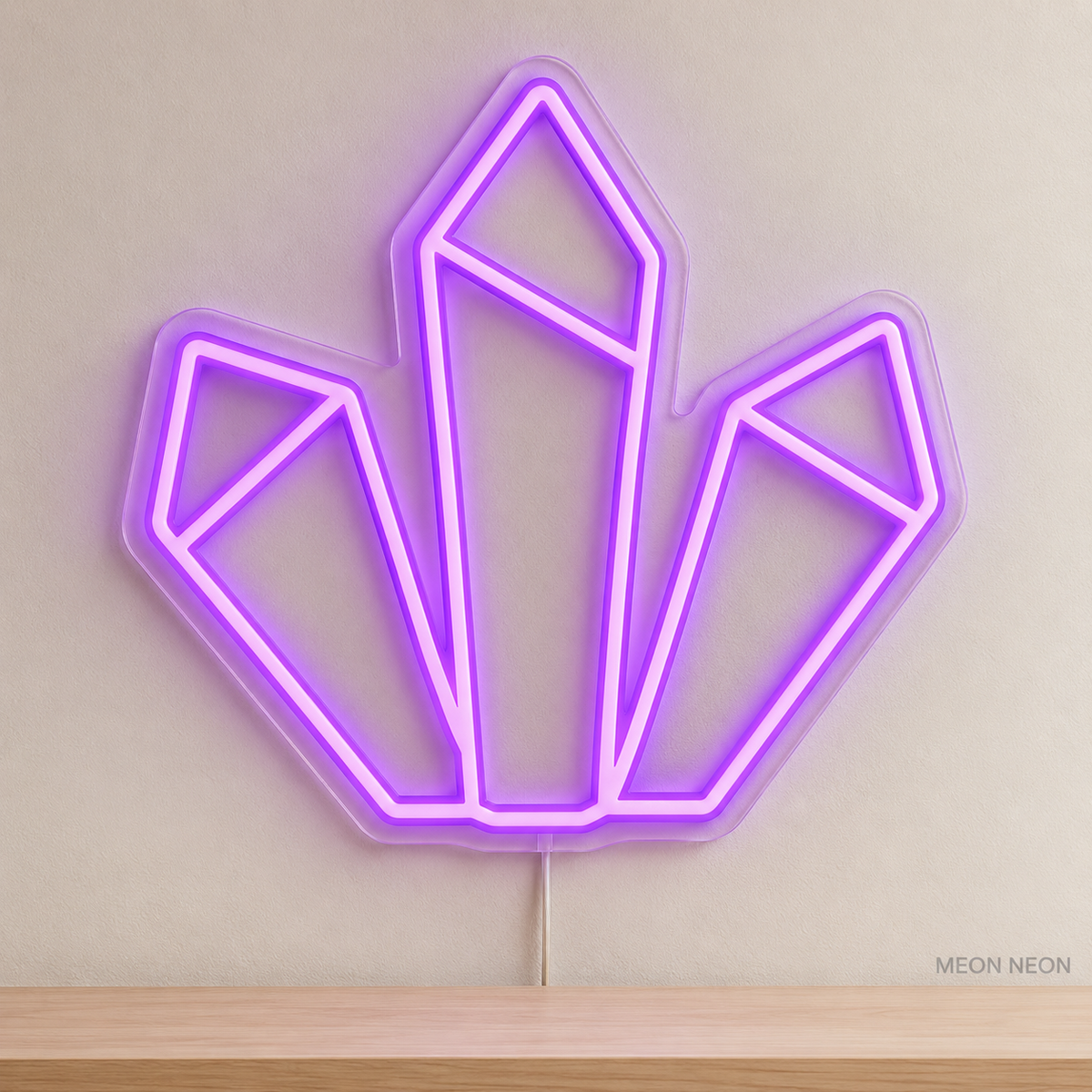 Watermarked concept mockup of Mini Crystal Cluster LED Neon Sign in Purple on a clear acrylic backboard.