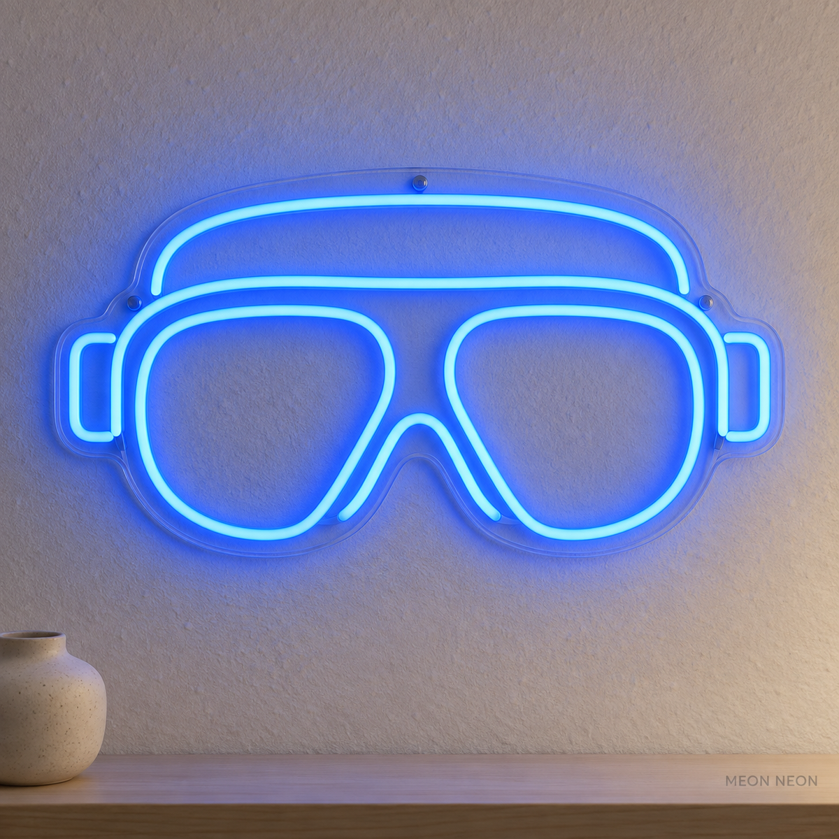 Watermarked concept mockup of Mini Diving Mask LED Neon Sign in Blue on a clear acrylic backboard.
