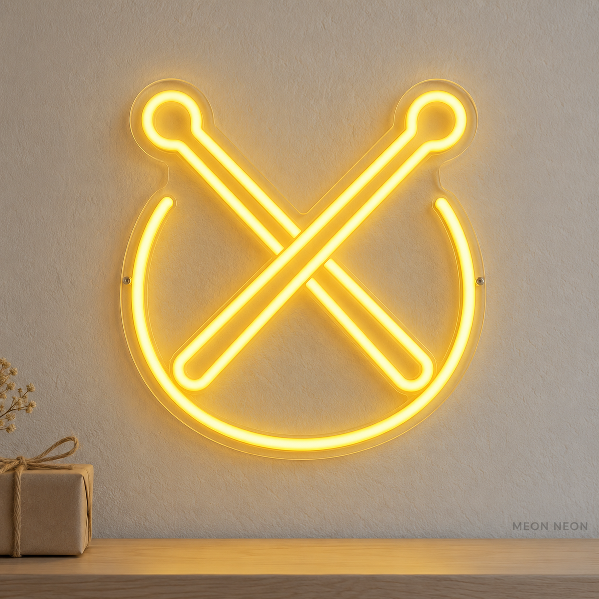 Watermarked concept mockup of the Mini Drumsticks LED Neon Sign in Yellow on a clear acrylic backboard.