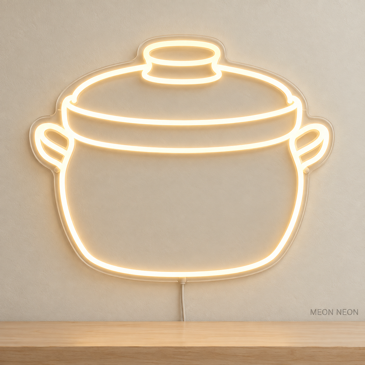 Watermarked concept mockup of Mini Fermentation Crock LED Neon Sign in Warm White on a clear acrylic backboard.