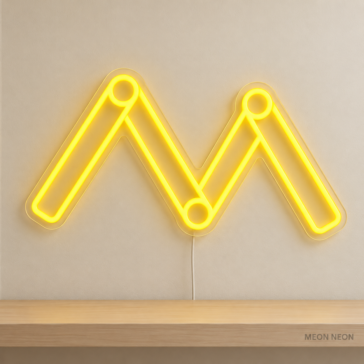 Watermarked concept mockup of Mini Folding Ruler LED Neon Sign in Yellow on a clear acrylic backboard.