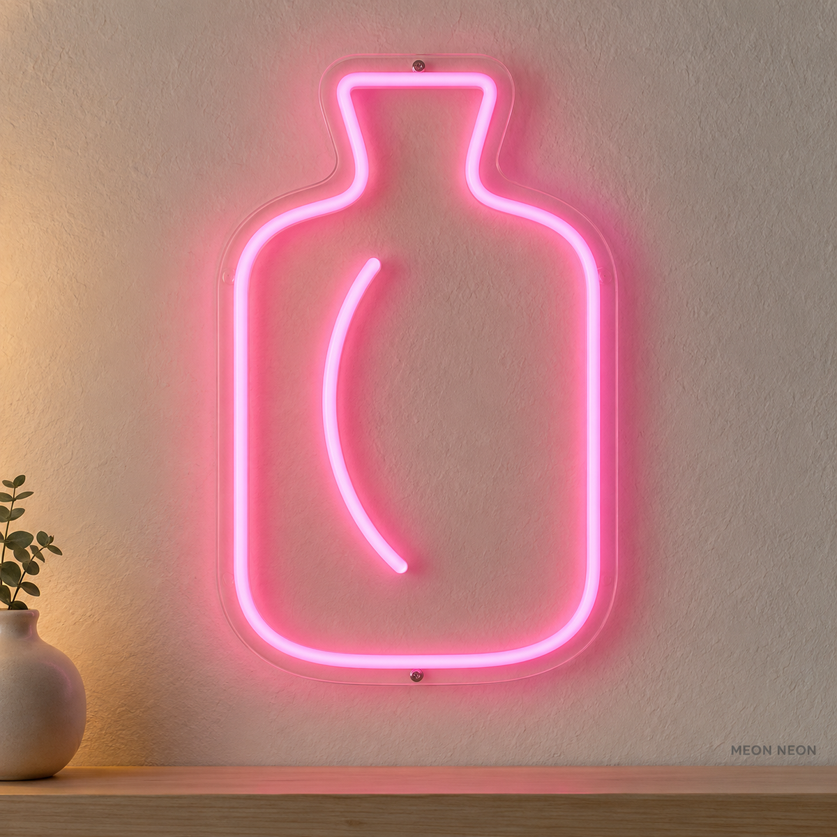 Watermarked concept mockup of Mini Hot Water Bottle LED Neon Sign in Pink on a clear acrylic backboard.