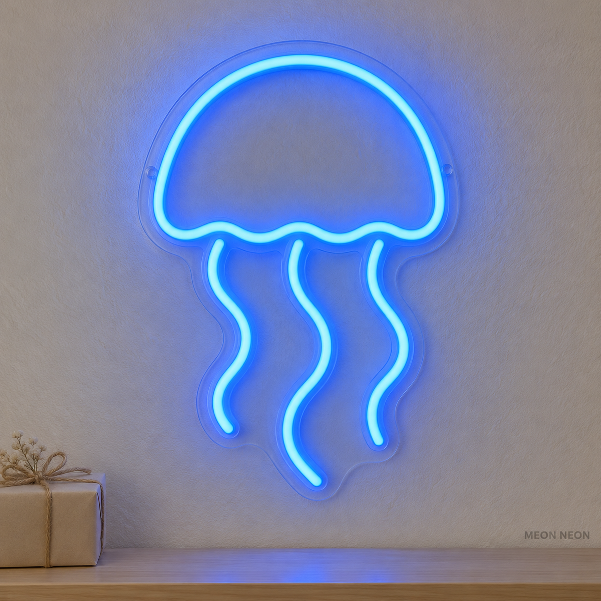 Watermarked concept mockup of the Mini Jellyfish LED Neon Sign in Blue on a clear acrylic backboard.