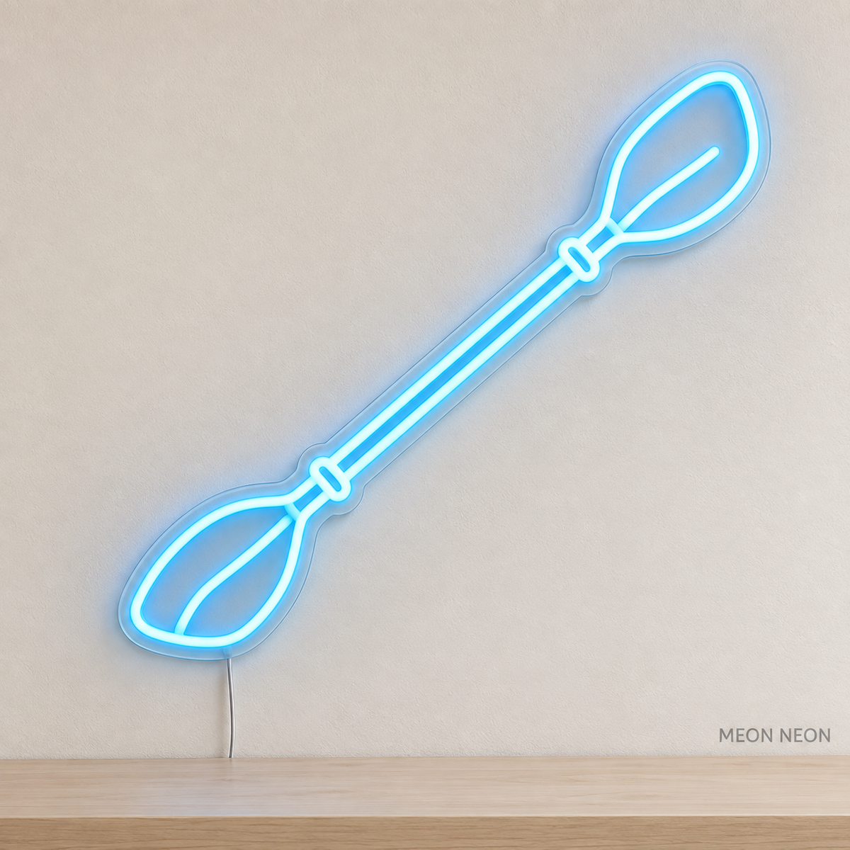 Watermarked concept mockup of Mini Kayak Paddle LED Neon Sign in Ice Blue on a clear acrylic backboard.
