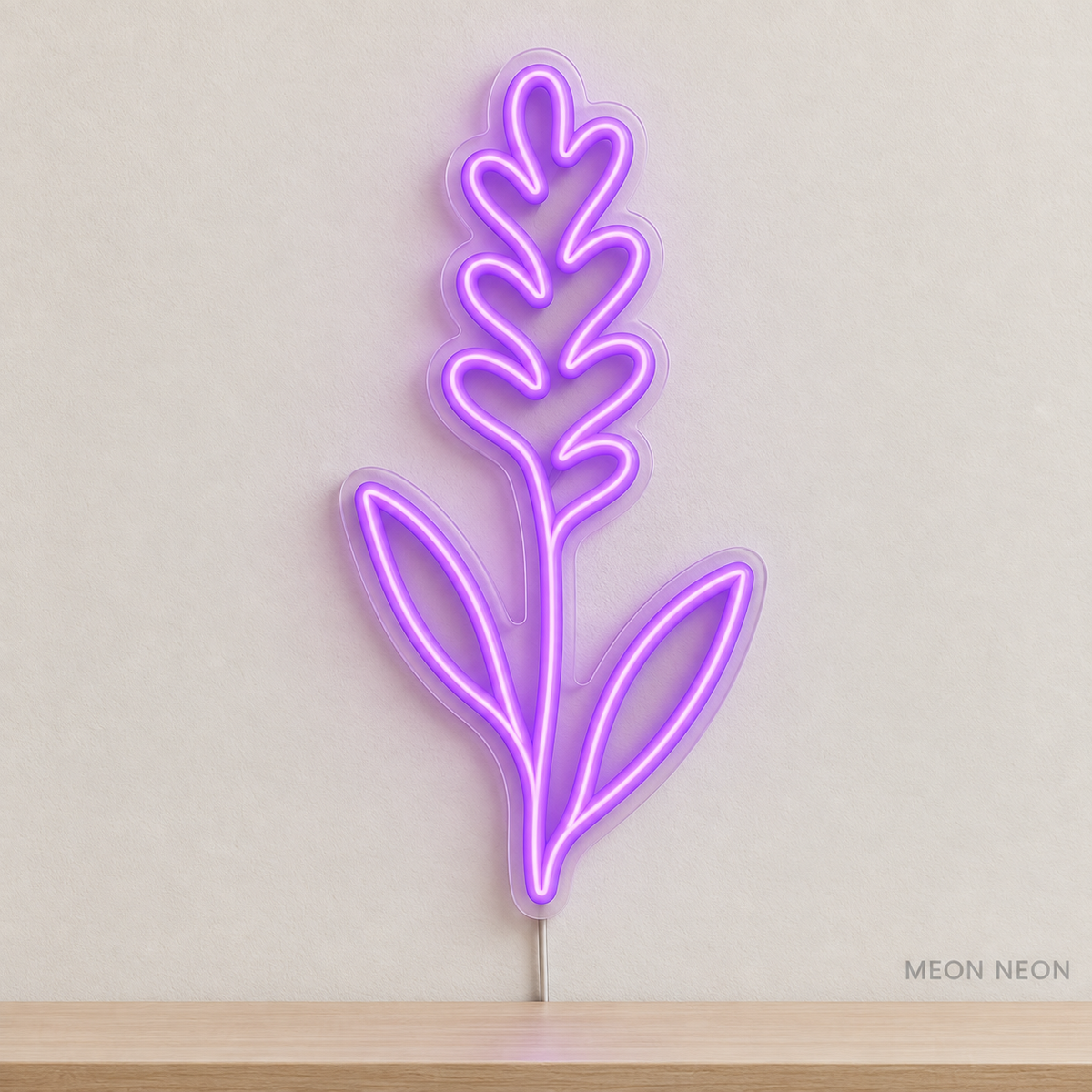Watermarked concept mockup of Mini Lavender Sprig LED Neon Sign in Purple on a clear acrylic backboard.