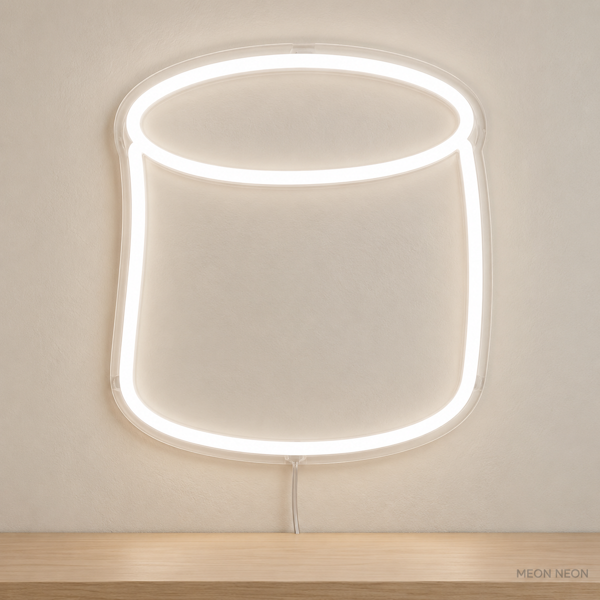Watermarked concept mockup of Mini Marshmallow LED Neon Sign in White on a clear acrylic backboard.