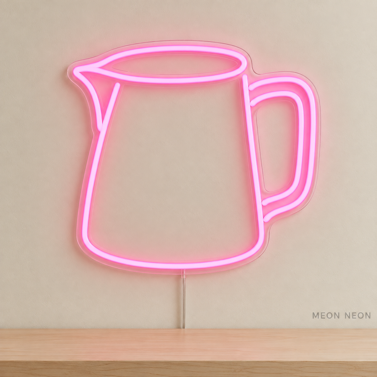 Watermarked concept mockup of Mini Milk Pitcher LED Neon Sign in Pink on a clear acrylic backboard.