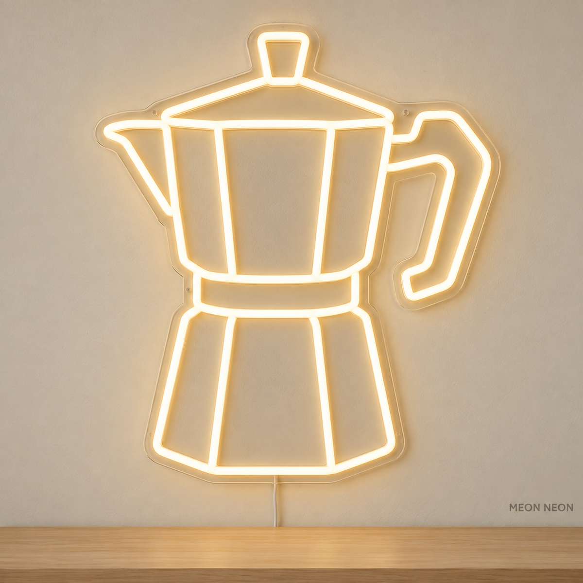 Watermarked concept mockup of Mini Moka Pot LED Neon Sign in Warm White on a clear acrylic backboard.