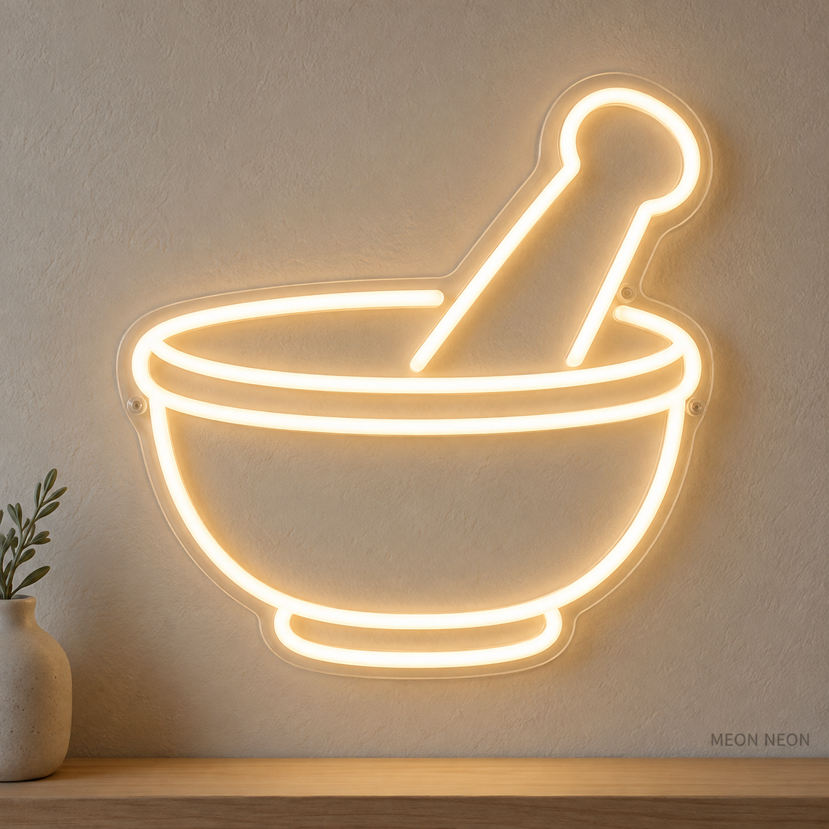 Watermarked concept mockup of Mini Mortar and Pestle LED Neon Sign in Warm White on a clear acrylic backboard.