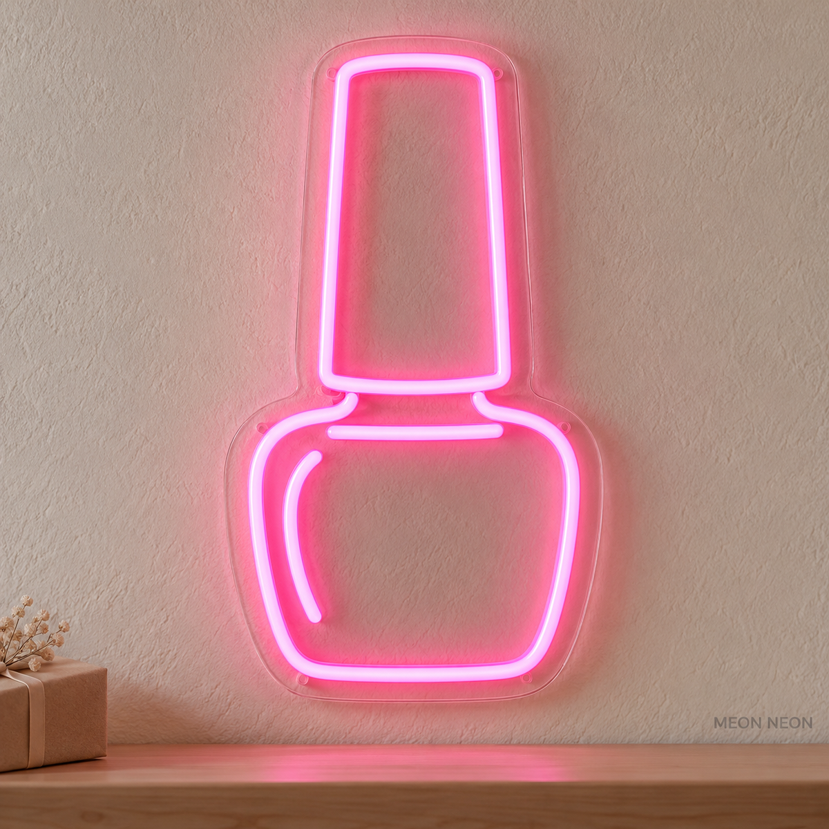 Watermarked concept mockup of the Mini Nail Polish Bottle LED Neon Sign in Pink on a clear acrylic backboard.