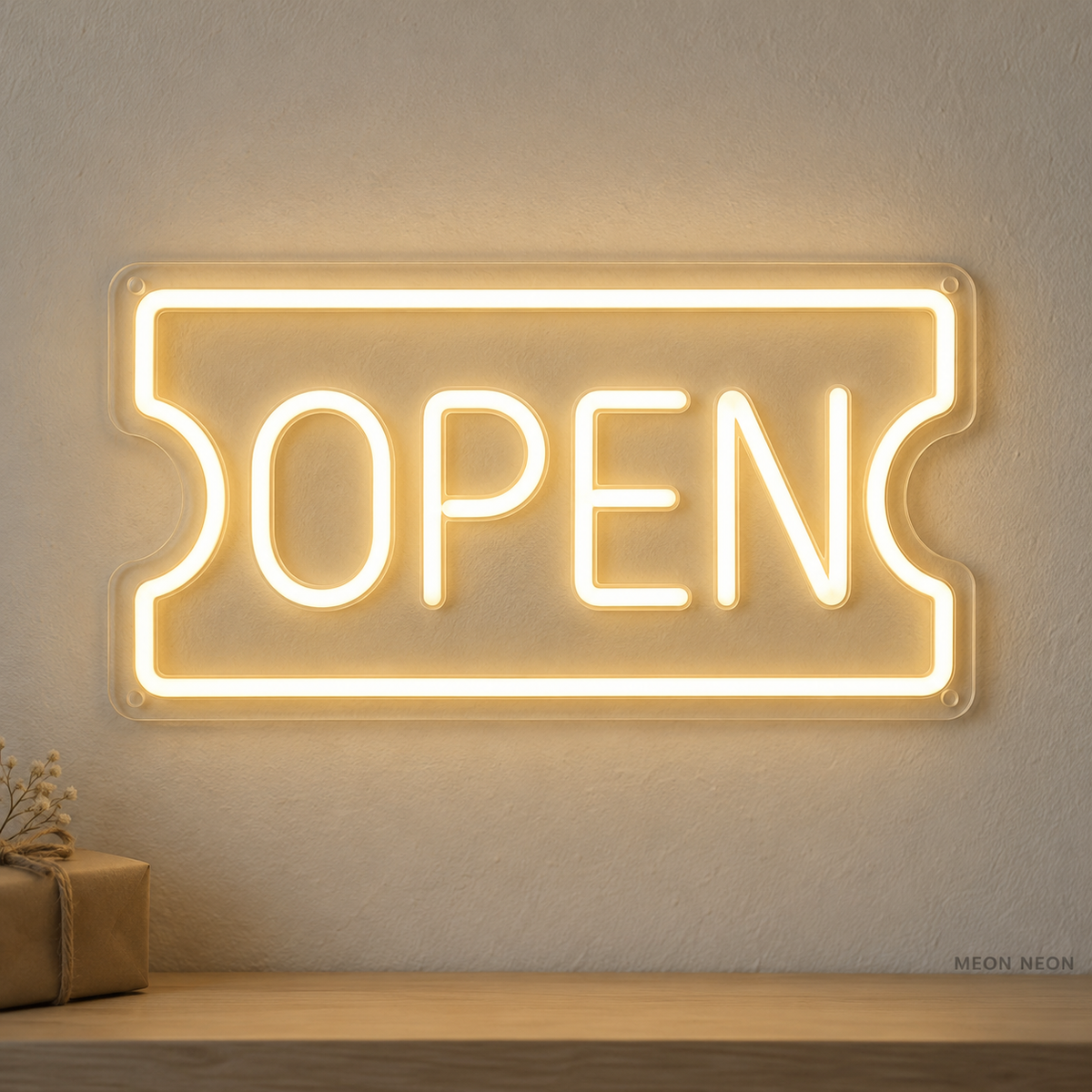 Watermarked concept mockup of the Mini Open Ticket LED Neon Sign in Warm White on a clear acrylic backboard.