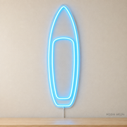 Watermarked concept mockup of Mini Paddleboard LED Neon Sign in Ice Blue on a clear acrylic backboard.