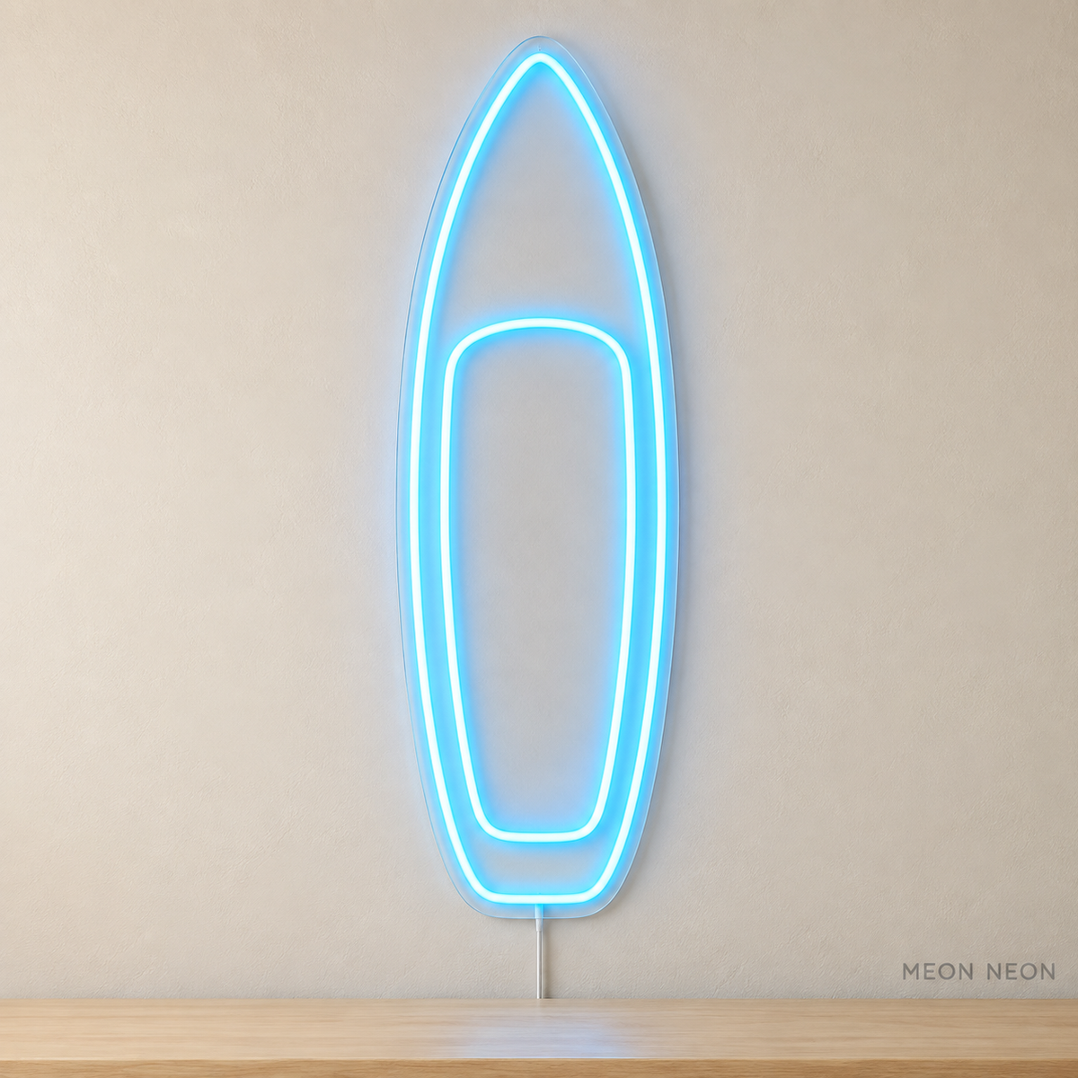 Watermarked concept mockup of Mini Paddleboard LED Neon Sign in Ice Blue on a clear acrylic backboard.