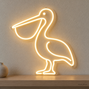Watermarked concept mockup of Mini Pelican LED Neon Sign in Warm White on a clear acrylic backboard.