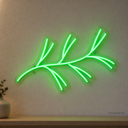 Watermarked concept mockup of Mini Pine Bough LED Neon Sign in Green on a clear acrylic backboard.