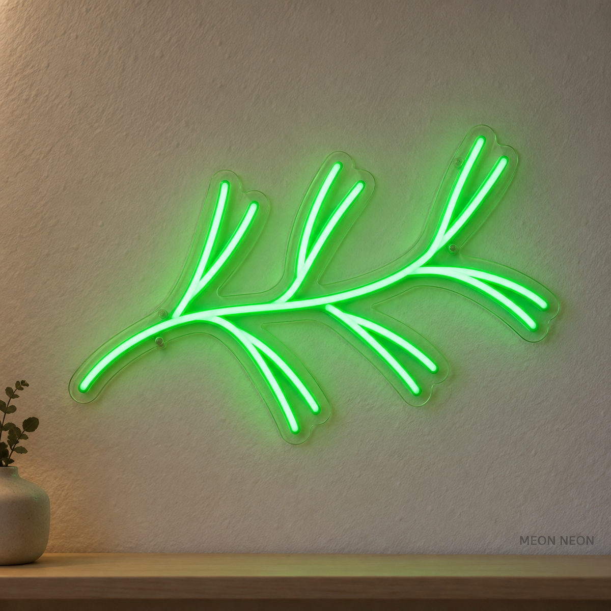 Watermarked concept mockup of Mini Pine Bough LED Neon Sign in Green on a clear acrylic backboard.